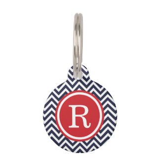 Médaillon Pour Animaux Monogramme Marine et Red Chevron
