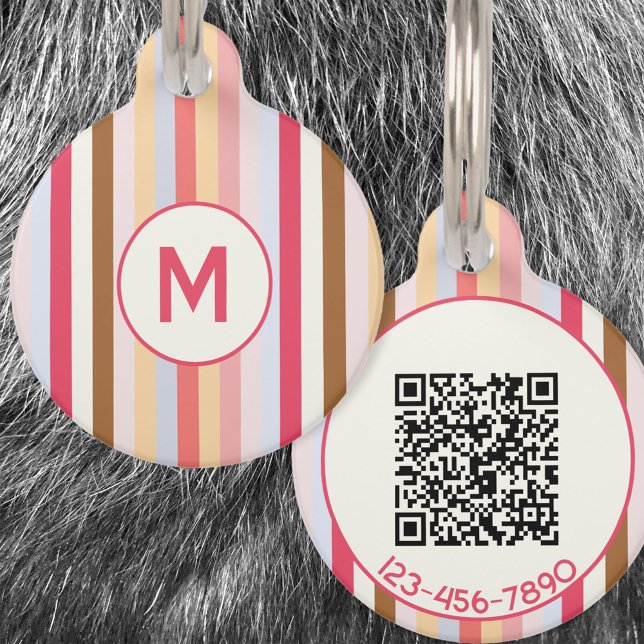 Médaillon Pour Animaux Monogramme moderne Original Pastel Stripe QR Code (Pastel stripe monogram initial personalized QR code pet tag)