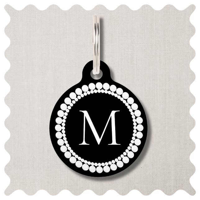 Médaillon Pour Animaux Monogramme noir et blanc (Black and White Monogrammed Dog ID Tag. Elegant Wedding Pet Tags. )