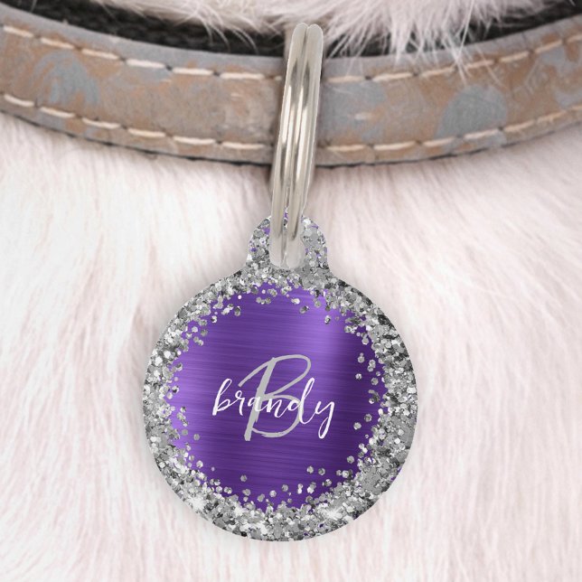 Médaillon Pour Animaux Monogramme Pailleté Métal Brossé Violet Argent  (Créateur téléchargé)