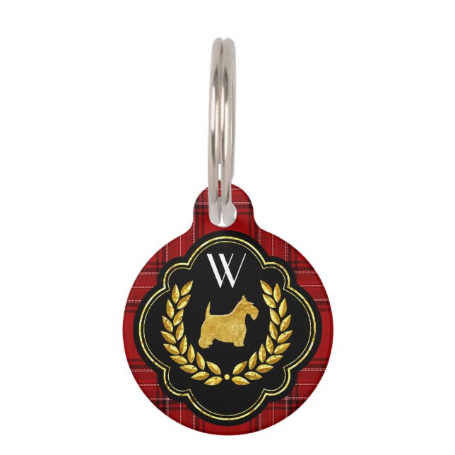 Médaillon Pour Animaux Monogramme rouge de plaid de Scottie royal (Devant)