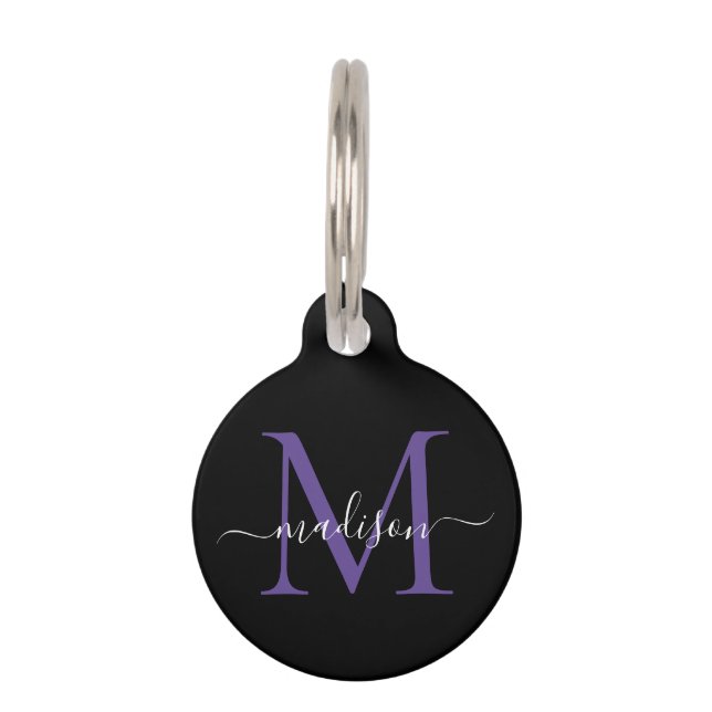 Médaillon Pour Animaux Monogramme violet noir Feminine Nom du script (Devant)