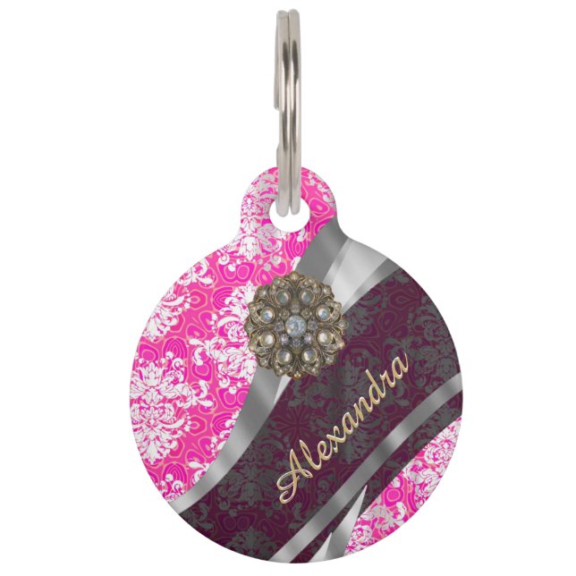 Médaillon Pour Animaux Motif assez girly rose personnalisé de damassé (Devant)
