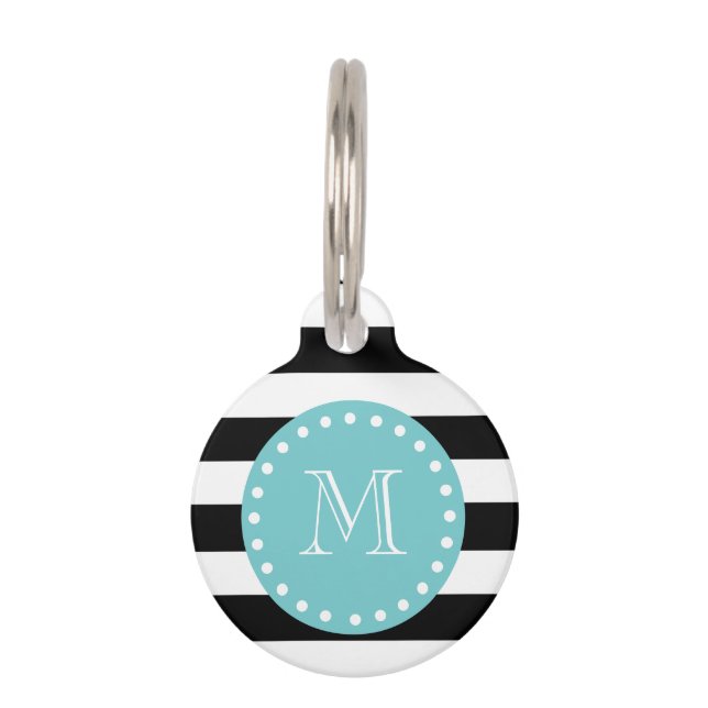 Médaillon Pour Animaux Motif blanc noir de rayures, monogramme turquoise (Devant)