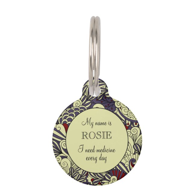 Médaillon Pour Animaux Motif botanique pourpre Personnalisé Petit (Devant)