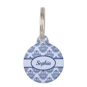 Médaillon Pour Animaux Motif Damas bleu foncé et informations personnalis