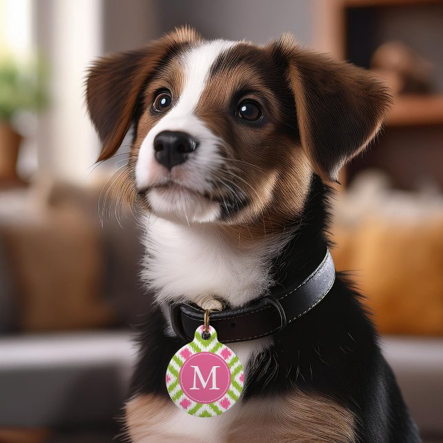 Médaillon Pour Animaux Motif de diamants d'Ikat rose et vert monogramme (Créateur téléchargé)