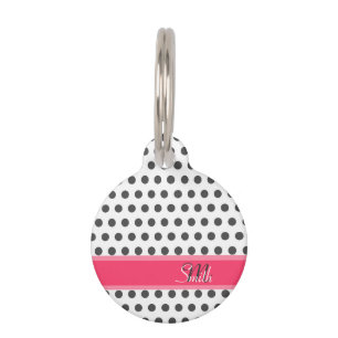 Médaillon Pour Animaux Motif de pois gris de monogramme girly frais grand