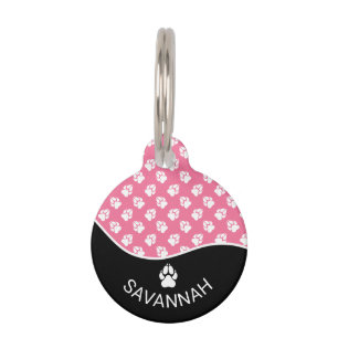 Médaillon Pour Animaux Motif et nom de pattes de chien rose et noir éléga