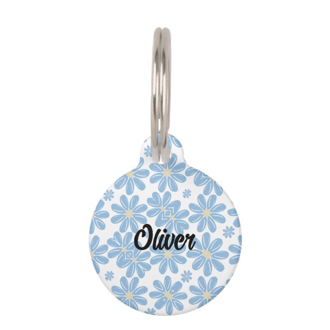 Médaillon Pour Animaux Motif floral bleu - Étiquette d'identification per (Devant)