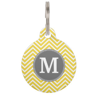 Médaillon Pour Animaux Motif jaune et gris de Chevron avec le monogramme