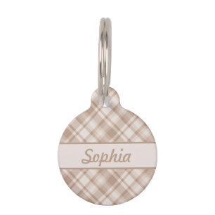 Médaillon Pour Animaux Motif Plaid Beige & Animal Personnalisé Nom Et Num