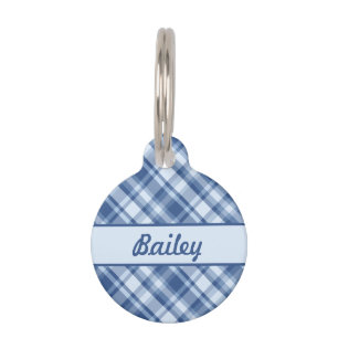 Médaillon Pour Animaux Motif Plaid Bleu Et Nom Et Numéro Personnalisés De