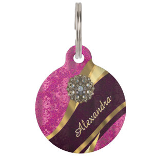 Médaillon Pour Animaux Motif rose assez girly personnalisé de damassé