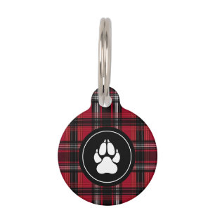 Médaillon Pour Animaux Motif Tartan Rouge Et Noir Avec Empreinte de patte