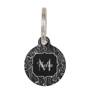 Médaillon Pour Animaux Noir blanc gris damas tourbillons abstraits Monogr
