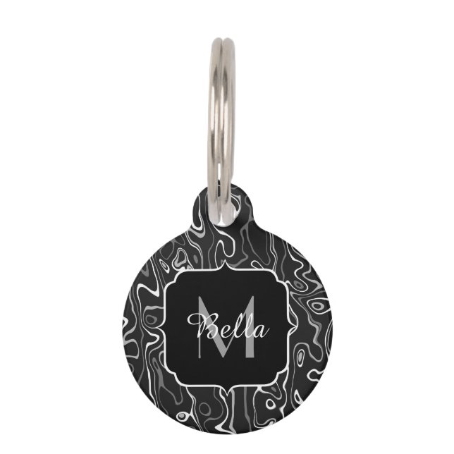 Médaillon Pour Animaux Noir blanc gris damas tourbillons abstraits Monogr (Devant)