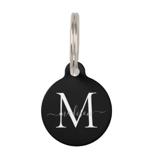 Médaillon Pour Animaux Noir Blanc Gris Monogramme Feminine Nom du script