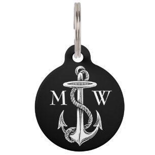 Médaillon Pour Animaux Noir blanc vintage de corde d'Ancre avec