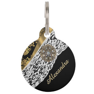 Médaillon Pour Animaux Noir et dentelle et cristal blancs de damassé d'o