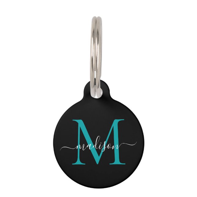 Médaillon Pour Animaux Noir Turquoise Monogramme Feminine Nom du script (Devant)