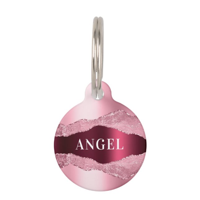 Médaillon Pour Animaux Nom de marbre blanc rose bordeaux (Devant)