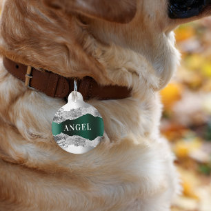 Médaillon Pour Animaux Nom de marbre d'agate en métal vert émeraude