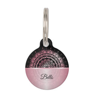 Médaillon Pour Animaux Nom du chien Mandala noir rose Votre adresse