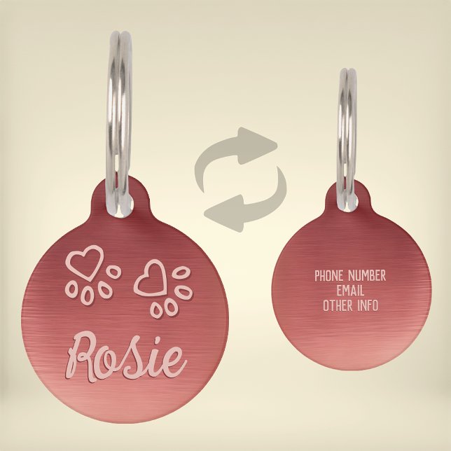 Médaillon Pour Animaux Nom et Empreintes de Patte en Rose Doré (Créateur téléchargé)