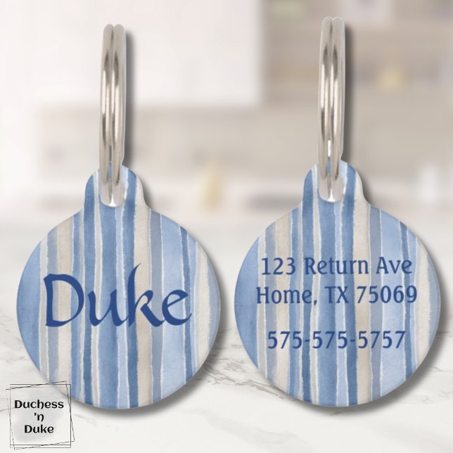 Médaillon Pour Animaux Nom et motif rayé en bleu et beige (Name and Striped Pattern in Blue and Beige Pet ID Tag)