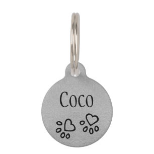 Médaillon Pour Animaux Nom gris argenté chic avec empreinte de patte de c