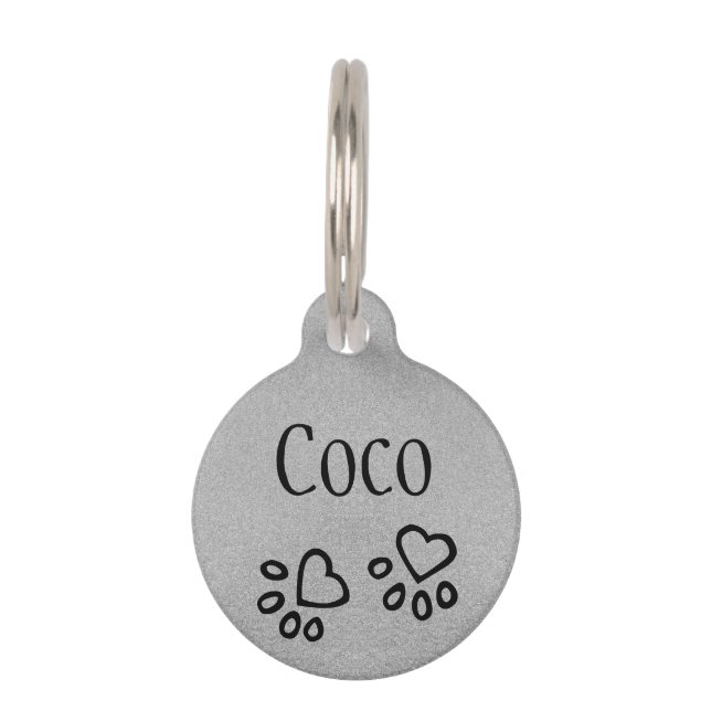 Médaillon Pour Animaux Nom gris argenté chic avec empreinte de patte de c (Devant)