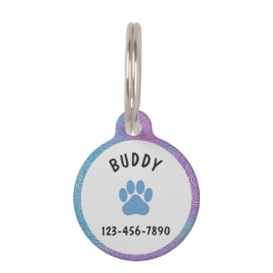 Médaillon Pour Animaux Nom personnalisé Empreinte de patte floral bleu et