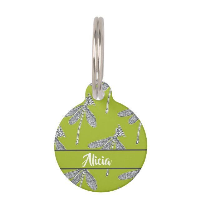 Médaillon Pour Animaux Nom personnalisé libellule sur vert (Devant)