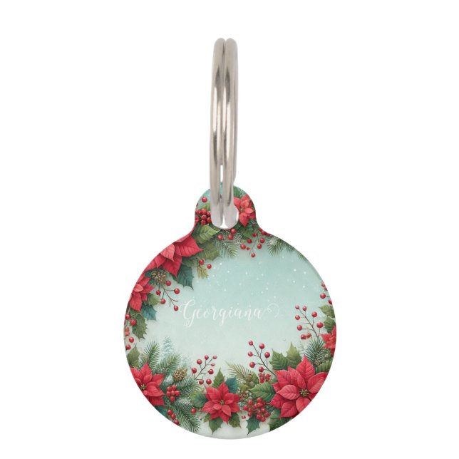 Médaillon Pour Animaux Nom personnalisé Noël Floral Aquarelle Poinsettia (Devant)