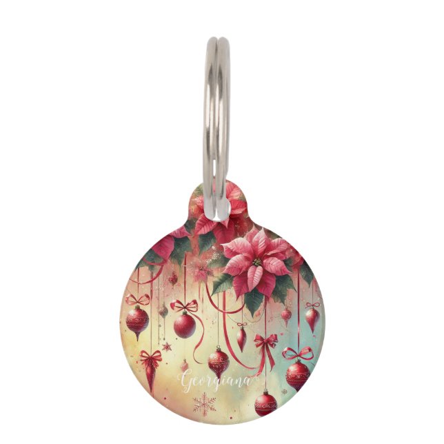 Médaillon Pour Animaux Nom personnalisé Whimsica Poinsettia Baubles de No (Devant)