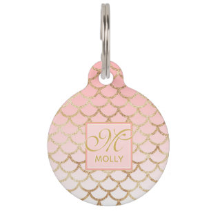 Médaillon Pour Animaux Ombre rose et Motif sirène or - Monogramme