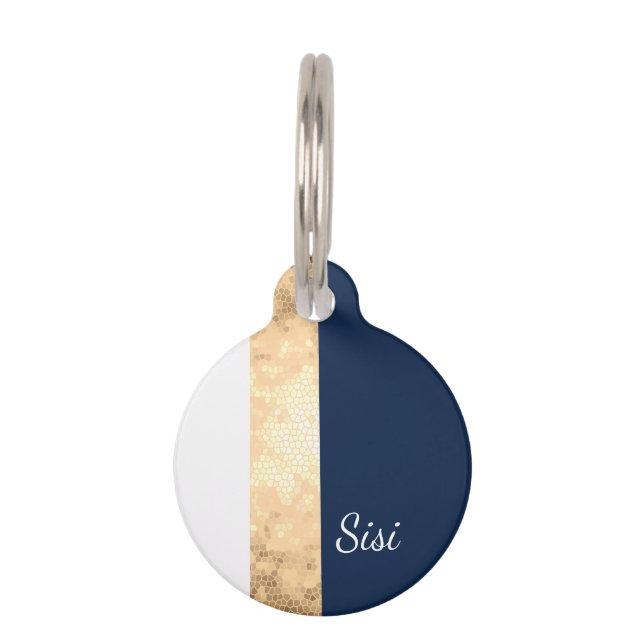 Médaillon Pour Animaux or élégant de faux, bleu marine, rayures blanches (Devant)