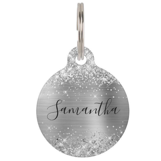 Médaillon Pour Animaux Paillettes brillantes en argent (Devant)