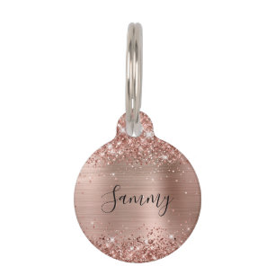 Médaillon Pour Animaux Paillettes Rose Gold Brillantes et Feuille