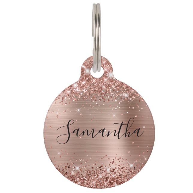 Médaillon Pour Animaux Paillettes Rose Gold Feuille (Devant)