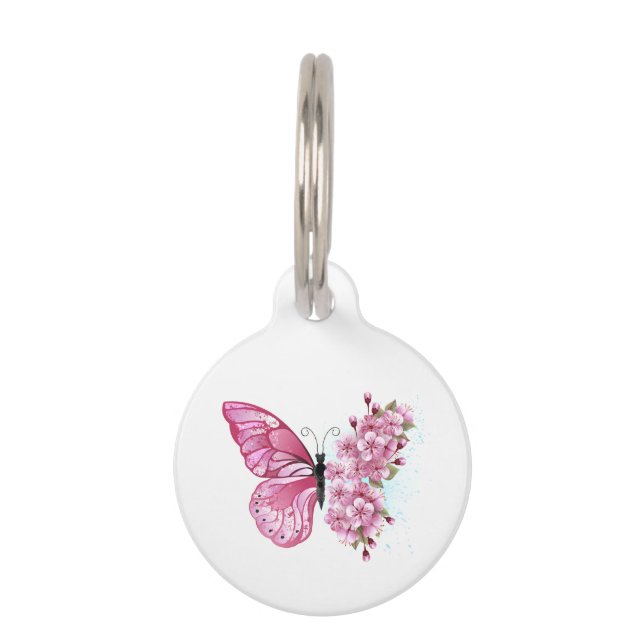 Médaillon Pour Animaux Papillon à fleurs avec Sakura rose (Devant)