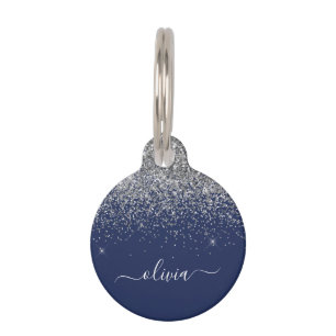 Médaillon Pour Animaux Parties scintillant bleue Silver Navy Girl Monogra