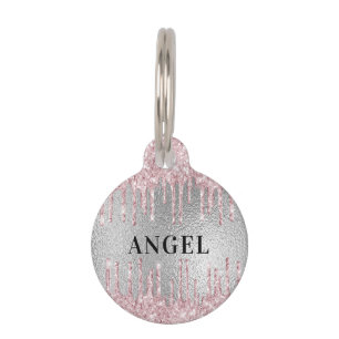 Médaillon Pour Animaux Parties scintillant rose argent gouttes de nom mon