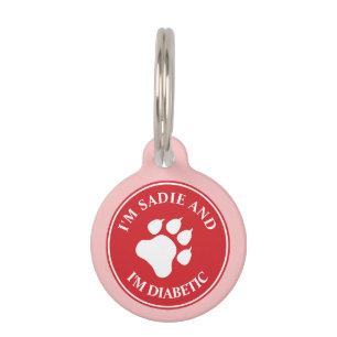 Médaillon Pour Animaux Patte Rouge Et Blanche Avec Texte Diabétique