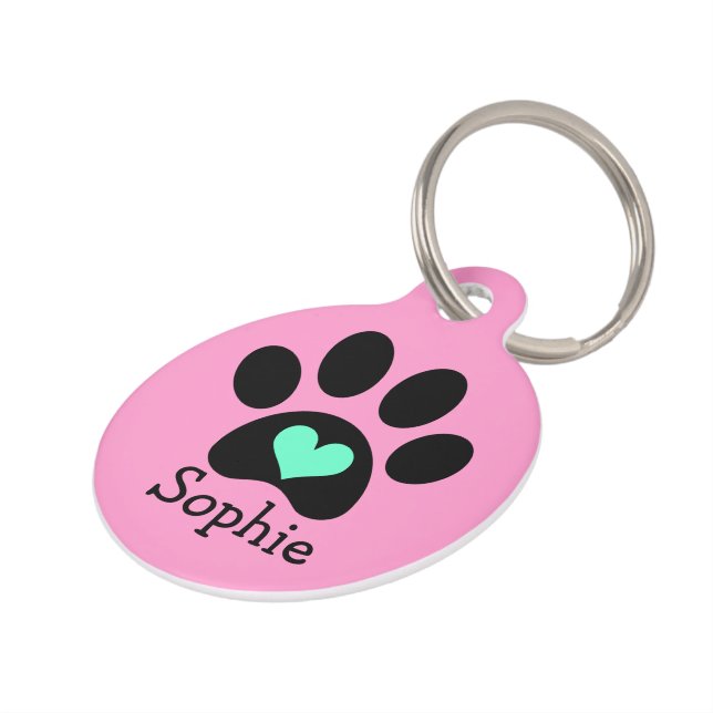 Médaillon Pour Animaux Pawprint noir avec la coutume bleue de coeur (Côté )