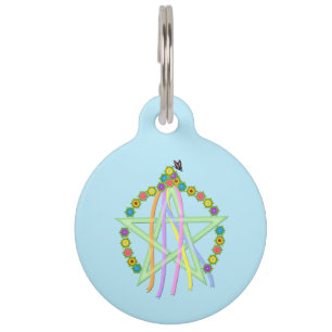 Médaillon Pour Animaux Pentagramme Beltane avec Rubans Pastel et Fleurs
