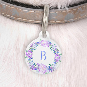 Médaillon Pour Animaux Peony Floral Wreath rose violet bleu Monogramme