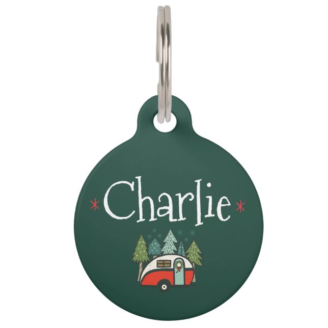 Médaillon Pour Animaux Personnalisé Rustic Christmas Camping Rouge & Vert (Devant)