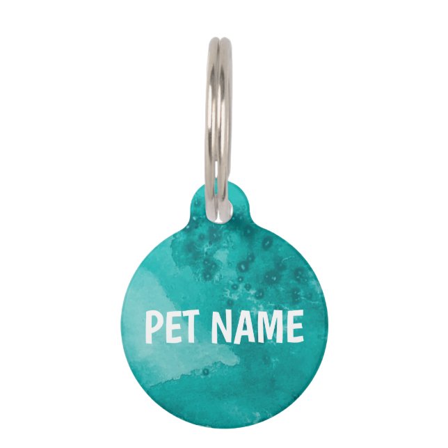 Médaillon Pour Animaux PERSONNALISER IT Aquarelle Turquoise Nom vert Numé (Devant)
